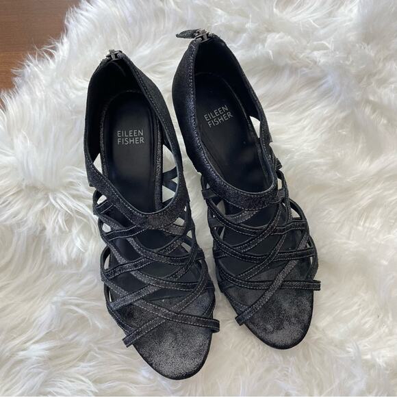 Eileen Fisher | Women’s Black Metallic Silver Fara Cage Open Toe Wedge Sandals 9 - Picture 5 of 9